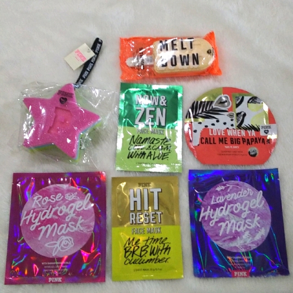 PINK Victoria's Secret Lot 5 Face Masks 1 Bath Bomb 1 Bath Sponge Lot A